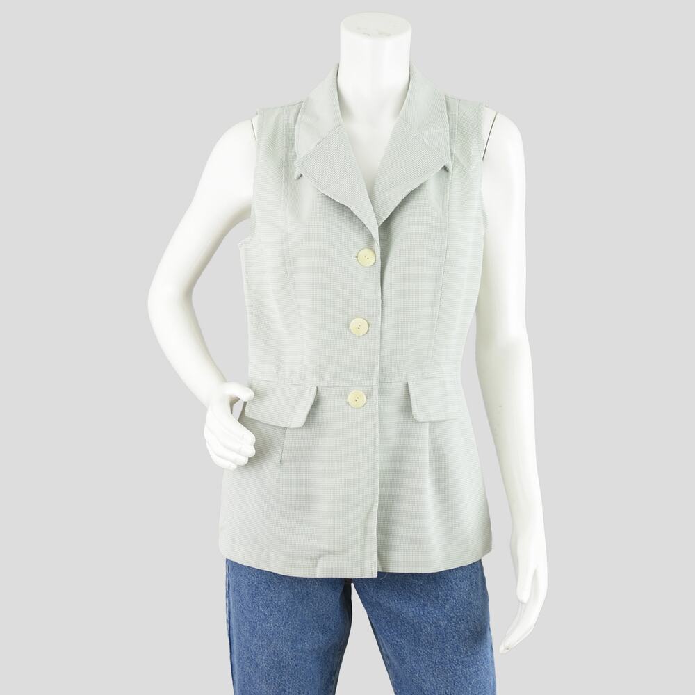Vintage 90s Pastel Green Plaid Sleeveless Collared Blouse Women's Small